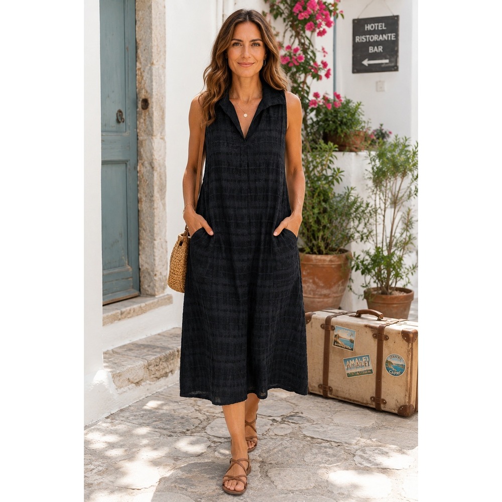Habitat Women's Black Linen‎ Sleeveless Midi Dress XS Pockets